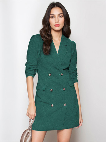 ダークグリーン女性のためのブレザージャケットターンダウンカラー長袖ミニドレス
