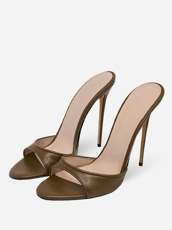 ブラウン 黒のセクシーなミュールハイヒールオープントゥスネーク柄スティレットヒールサンダルスライド