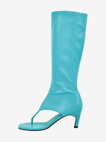 レイクブルー ブラック ミッドカーフブーツ レディース オープントゥ フリップフロップ キトンヒール エラスティックサンダルブーツ