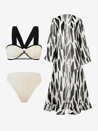 リングリンクビキニとコントラストロングカバーアップ3ピース水着セット2025