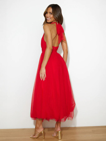 チュール ミディドレス ホルター プリーツ エンパイア ウエスト オープンバック エレガントなプロムドレス