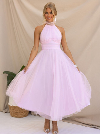 ピンクチュール ミディドレス ホルター プリーツ エンパイア ウエスト オープンバック エレガントなプロムドレス