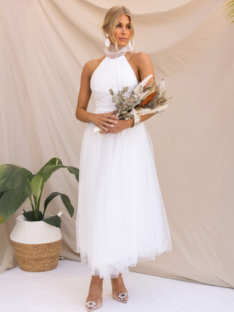 ホワイト チュール ミディドレス ホルター プリーツ エンパイア ウエスト オープンバック エレガントなプロムドレス