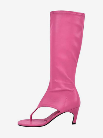 ローズレッドブラック ミッドカーフブーツ レディース オープントゥ フリップフロップ キトンヒール エラスティックサンダルブーツ