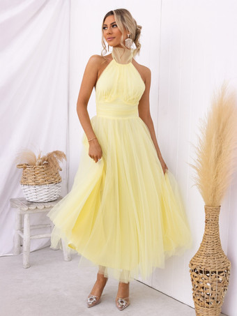 チュール ミディドレス ホルター プリーツ エンパイア ウエスト オープンバック エレガントなプロムドレス