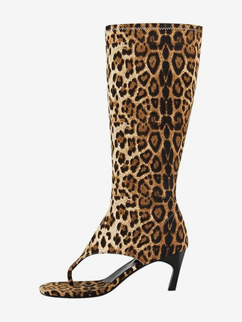 ヒョウ柄ブラック ミッドカーフブーツ レディース オープントゥ フリップフロップ キトンヒール エラスティックサンダルブーツ