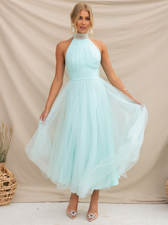 チュール ミディドレス ホルター プリーツ エンパイア ウエスト オープンバック エレガントなプロムドレス