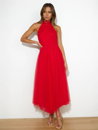 レッド チュール ミディドレス ホルター プリーツ エンパイア ウエスト オープンバック エレガントなプロムドレス