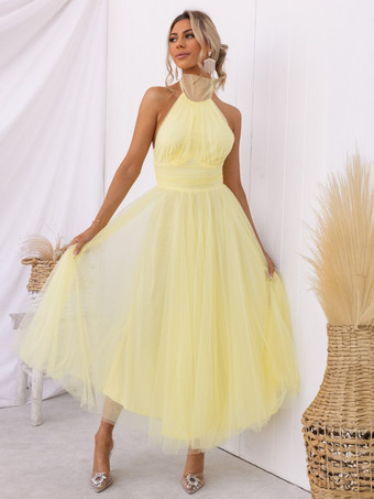 イエローチュール ミディドレス ホルター プリーツ エンパイア ウエスト オープンバック エレガントなプロムドレス