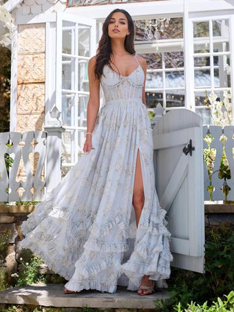 ライトスカイブルー花柄レイヤードフリルマキシパーティードレス ハイスリットストラップドレス 2025