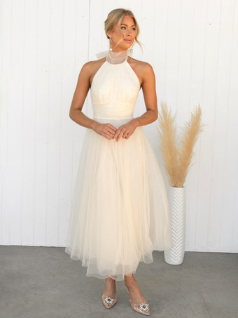 チュール ミディドレス ホルター プリーツ エンパイア ウエスト オープンバック エレガントなプロムドレス