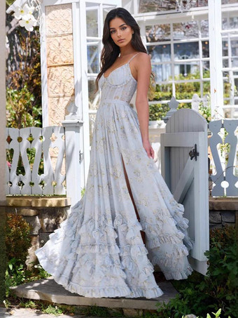 花柄レイヤードフリルマキシパーティードレス ハイスリットストラップドレス 2025