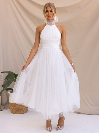 チュール ミディドレス ホルター プリーツ エンパイア ウエスト オープンバック エレガントなプロムドレス