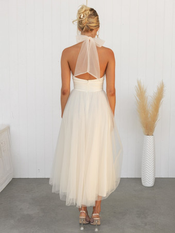 チュール ミディドレス ホルター プリーツ エンパイア ウエスト オープンバック エレガントなプロムドレス