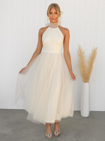 アプリコットチュール ミディドレス ホルター プリーツ エンパイア ウエスト オープンバック エレガントなプロムドレス