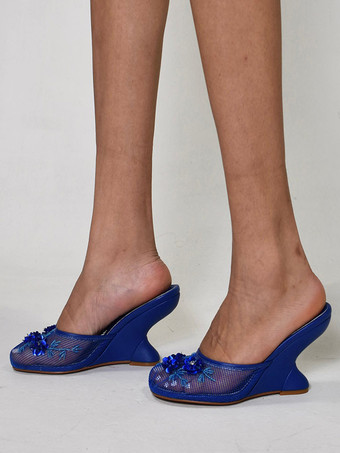 レディース ウェッジサンダル メッシュ ラウンドトゥ フラワー バックレス ウェッジミュール