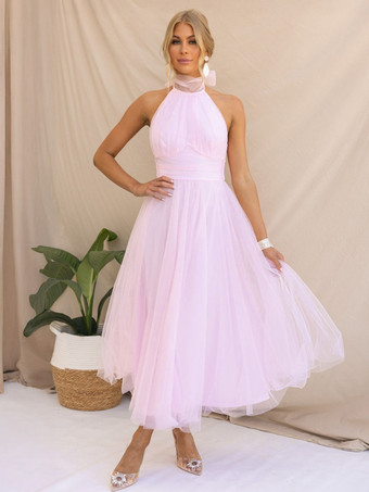 チュール ミディドレス ホルター プリーツ エンパイア ウエスト オープンバック エレガントなプロムドレス