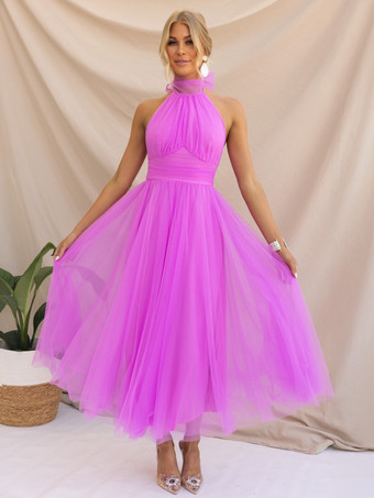 パープル チュール ミディドレス ホルター プリーツ エンパイア ウエスト オープンバック エレガントなプロムドレス