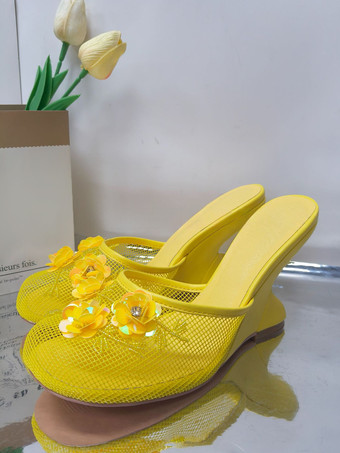 イエローレディース ウェッジサンダル メッシュ ラウンドトゥ フラワー バックレス ウェッジミュール