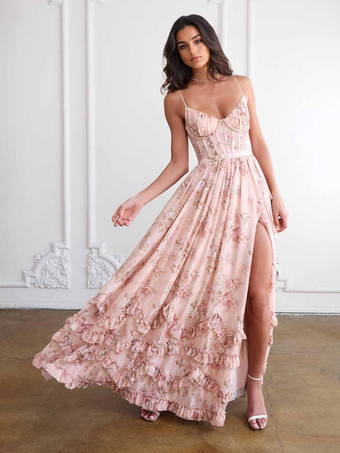 ピンク花柄レイヤードフリルマキシパーティードレス ハイスリットストラップドレス 2025