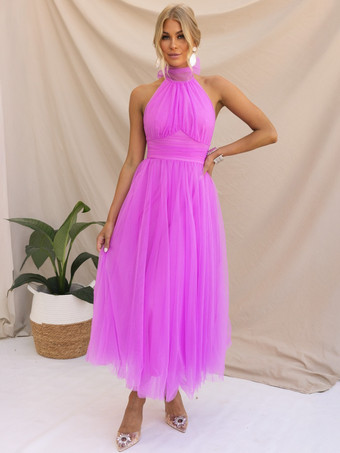 チュール ミディドレス ホルター プリーツ エンパイア ウエスト オープンバック エレガントなプロムドレス