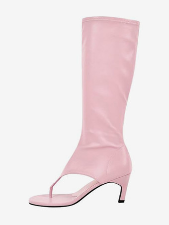 ピンクブラック ミッドカーフブーツ レディース オープントゥ フリップフロップ キトンヒール エラスティックサンダルブーツ