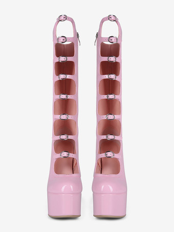 ブラックニーハイブーツ プラスサイズ プラットフォーム ラウンドトゥ バックルディテール チャンキーヒールブーツ