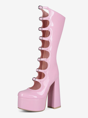 ブラックニーハイブーツ プラスサイズ プラットフォーム ラウンドトゥ バックルディテール チャンキーヒールブーツ