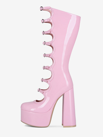 ブラックニーハイブーツ プラスサイズ プラットフォーム ラウンドトゥ バックルディテール チャンキーヒールブーツ