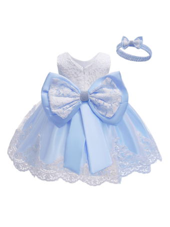 Bleu ClairRobe baptême robe cérémonie fille décoré de noeud