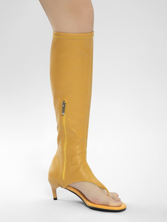 ブラック ミッドカーフブーツ レディース オープントゥ フリップフロップ キトンヒール エラスティックサンダルブーツ