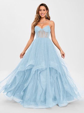 ベビーブループロムドレス チュール Vネック プリンセスシルエット ノースリーブ ウェディングゲストドレス