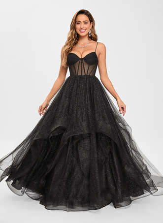 ブラックプロムドレス チュール Vネック プリンセスシルエット ノースリーブ ウェディングゲストドレス