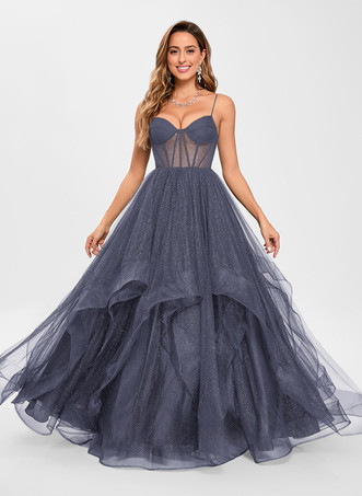 嵐のプロムドレス チュール Vネック プリンセスシルエット ノースリーブ ウェディングゲストドレス