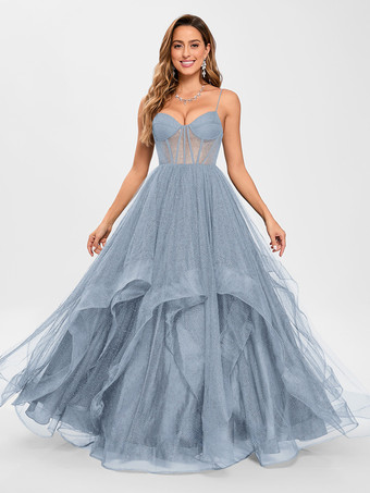 スレートグレー プロムドレス チュール Vネック プリンセスシルエット ノースリーブ ウェディングゲストドレス