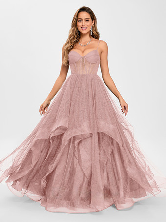 ピンクプロムドレス チュール Vネック プリンセスシルエット ノースリーブ ウェディングゲストドレス