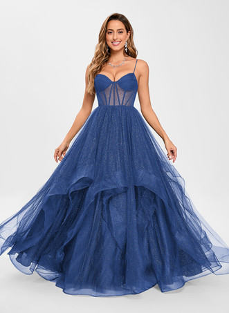 ロイヤルブループロムドレス チュール Vネック プリンセスシルエット ノースリーブ ウェディングゲストドレス