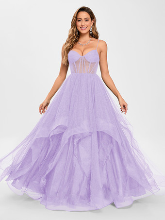 ラベンダープロムドレス チュール Vネック プリンセスシルエット ノースリーブ ウェディングゲストドレス