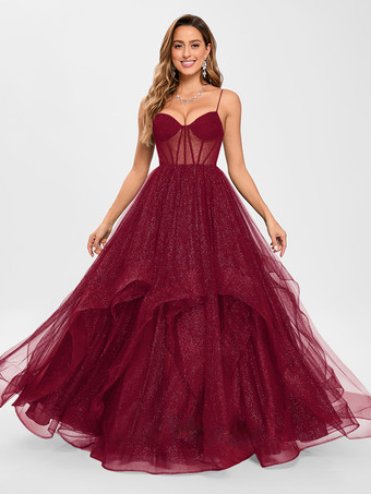 バーガンディープロムドレス チュール Vネック プリンセスシルエット ノースリーブ ウェディングゲストドレス