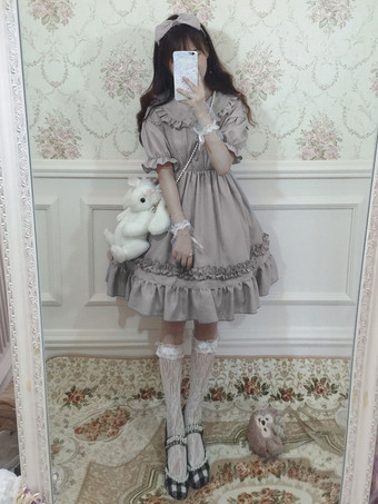 スウィートロリータOPドレスシフォンフリルプリーツグレーロリータワンピースドレス