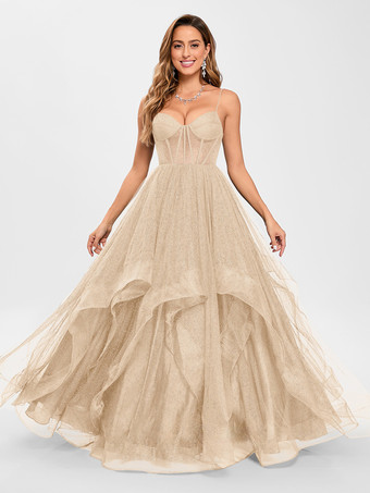 シャンパンプロムドレス チュール Vネック プリンセスシルエット ノースリーブ ウェディングゲストドレス