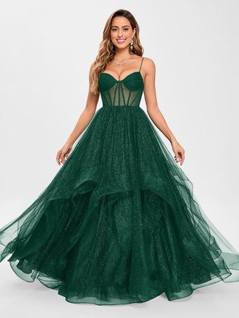 ダークグリーンプロムドレス チュール Vネック プリンセスシルエット ノースリーブ ウェディングゲストドレス