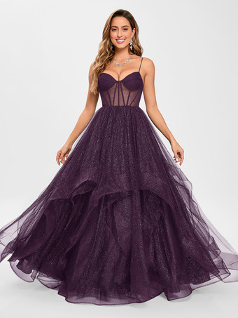 プラムプロムドレス チュール Vネック プリンセスシルエット ノースリーブ ウェディングゲストドレス