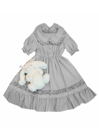 スウィートロリータOPドレスシフォンフリルプリーツグレーロリータワンピースドレス