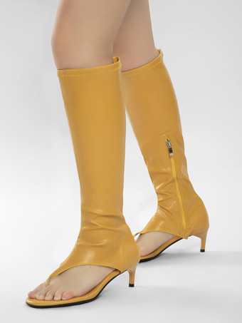 ブラック ミッドカーフブーツ レディース オープントゥ フリップフロップ キトンヒール エラスティックサンダルブーツ