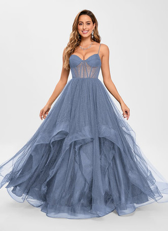 スチールブループロムドレス チュール Vネック プリンセスシルエット ノースリーブ ウェディングゲストドレス