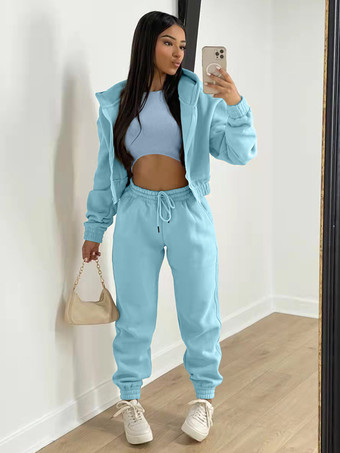 ブルー 3 点セット ピンク ポリエステル カジュアル パンツ秋長袖女性のための衣装