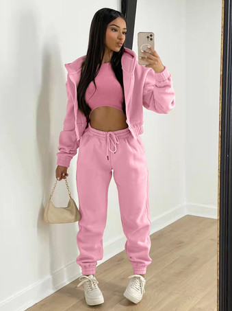 ピンク3 点セット ピンク ポリエステル カジュアル パンツ秋長袖女性のための衣装