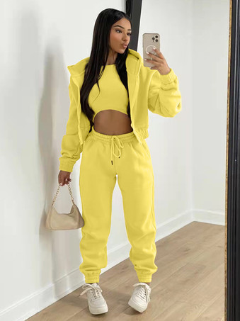 イエロー3 点セット ピンク ポリエステル カジュアル パンツ秋長袖女性のための衣装