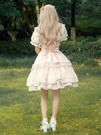スウィート　ピンク　コットン　ロリィタジャンパースカート　レーストリム　レースアップ　フリル
